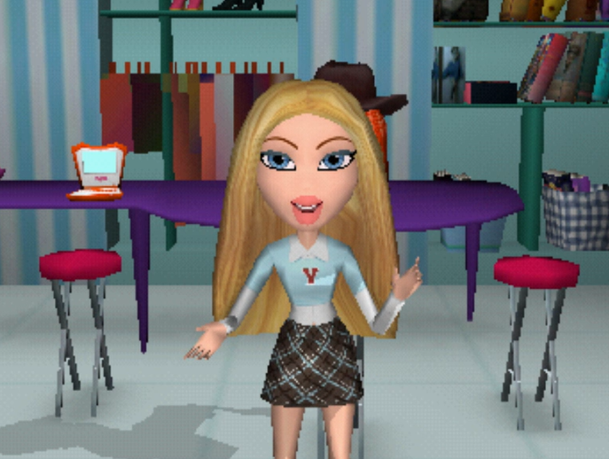 Cloe is white with yellow blonde hair. Her hair is long and parted down the middle. She is wearing a white button-up top with a baby blue t-shirt with the letter Y in red on the front. Her eyes are blue.